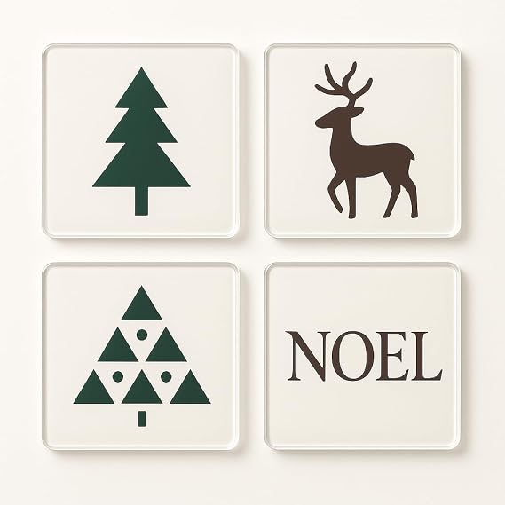 Acrylic Christmas Coaster Gift Set of 4 with Nordic Noel Design - Scandi Serene Christmas Decor for Home Festivities
