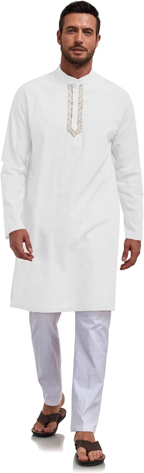 Jacansi Men's Robe Kaftan Button Down Kurta Thobe, White, XL