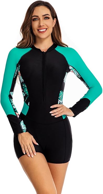 Women's One Piece Rashguard Boyleg Long Sleeve Swimsuit UV Protection Zipper Surfing Swimwear