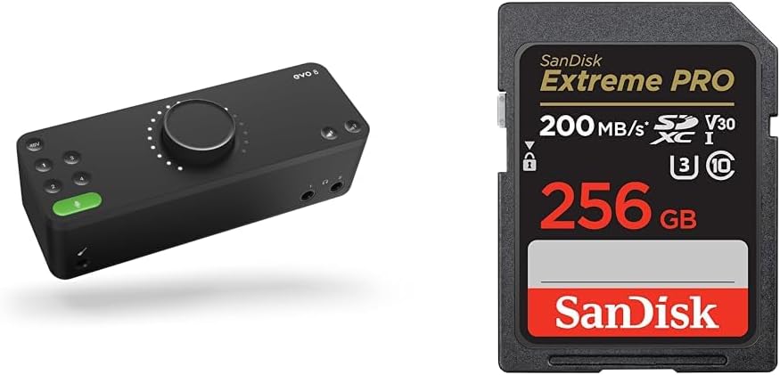 EVO 8 USB Audio Interface external sound card for music productions 4 in  4 out, Smartgain & SanDisk 256GB Extreme PRO SDXC card  RescuePRO Deluxe, up to 200MBs, UHS-I, Class 10, U3, V30