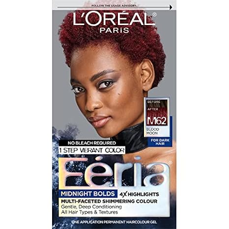 L'Oreal Paris Feria Midnight Bold Multi-Faceted Permanent Hair Dye, One-Step Hair Color Kit for Dark Hair, No Bleach Required, Blood Moon