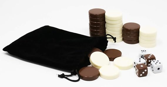 DA VINCI 1.25 Inch Brown and Ivory Game Chips, Replacement Backgammon Pieces with 5 Dice and Cloth Storage Bag