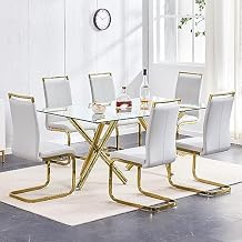 Modern 71 Dining Table Set for 6 Kitchen Table Set Tempered Glass Table and Chairs Dining Room Table Set with Metal Leg Clear Dinner Table Set comedor de 6 sillas y mesa