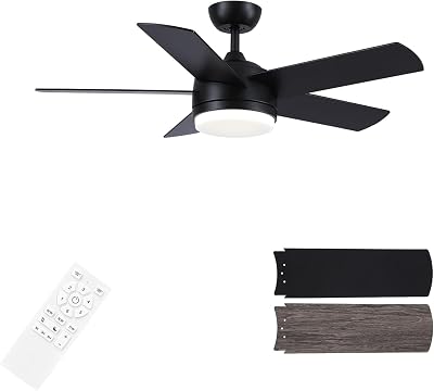 YUHAO 44 Inch Black Ceiling Fan with Light and Remote Control.Noiseless,Dimmable,3CCT,6 Speeds Reversible, DC Ceiling Fans for Indoor or Covered Outdoor