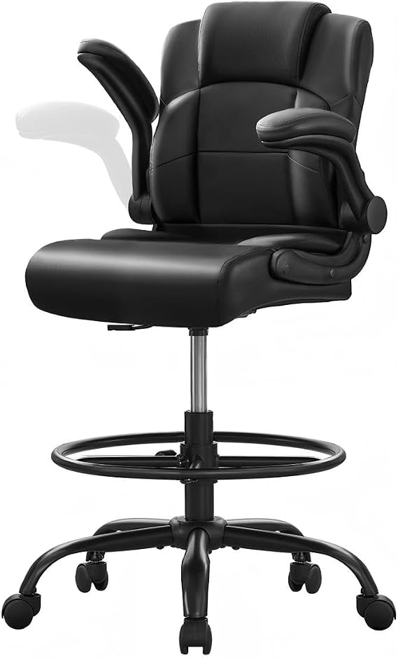 500 lbs Drafting Chair Tall Office Chair with Flip-up Armrests for Standing Desk Executive Ergonomic Computer Leather Desk Chair with Lumbar Support, Adjustable Foot Ring for Home or Drawing Use