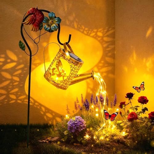 Solar Lights Outdoor Garden Decor - Solar Watering Can with Cascading Lights & Crackle Glass Light, Waterproof Metal LED Hanging Butterfly Fairy Lantern with Shepherd Hook for Pathway Patio Yard Lawn