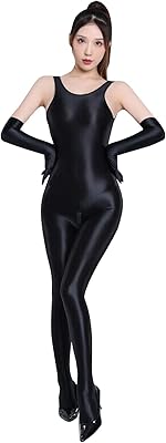 leesuo Womens Sexy Shiny Glossy Bodystocking Scoop Neck Zipper Crotch Bodysuit Catsuit with Unattached Gloves