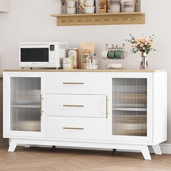 CABIHOME Buffet Cabinet, 56" Sideboard Buffet Storage Cabinet with Adjustable Shelves and Fluted Glass Door, Modern Coffee Bar, Table for Kitchen, Dining Room, Natural