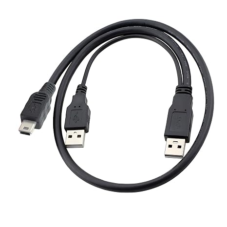 CY Dual Connector Type-A USB2.0 Male to Mini Micro Type-B USB 5-Pin Male Extra Power Data Cable Compatible with Disk Drive SSD Camera MP4 (60cm)