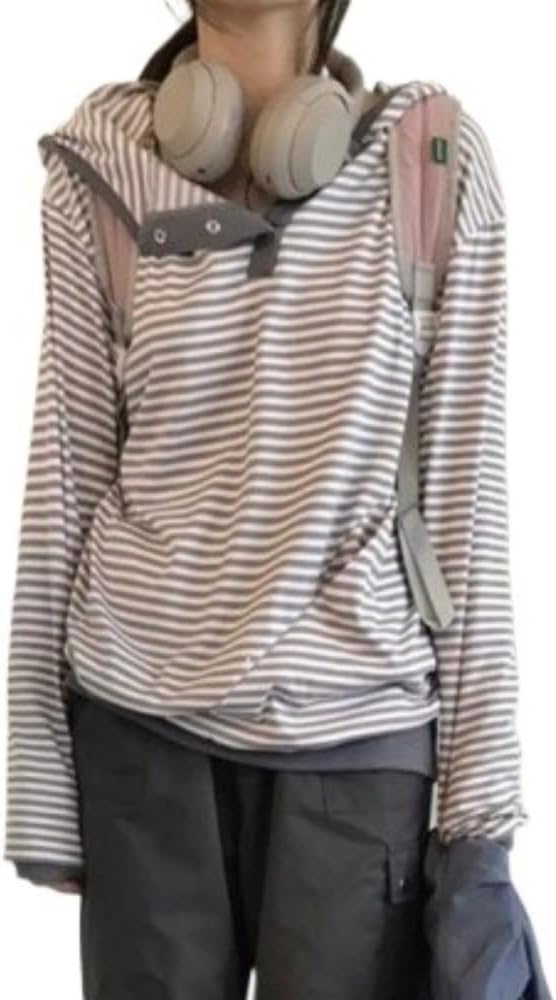 Harajuku Striped Shirt Y2K Long Sleeve Goth Sweatshirt Grunge Emo Hooded Top Teen Girls Dark Academia Tee Alt Clothes