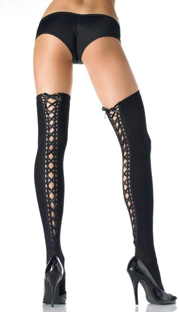 Leg Avenue Women's Opaque Thigh Highs with Satin Lace-up Back, Black, One Size