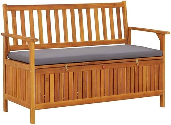 BOWERY HILL Solid Acacia Wood Storage Bench, 47.2 x 24.8 x 33.1 in, Natural Wood Finish, Dark Grey Cushion, Rectangular Outdoor/Indoor Seating and Storage for Garden, Hallway, or Balcony Use