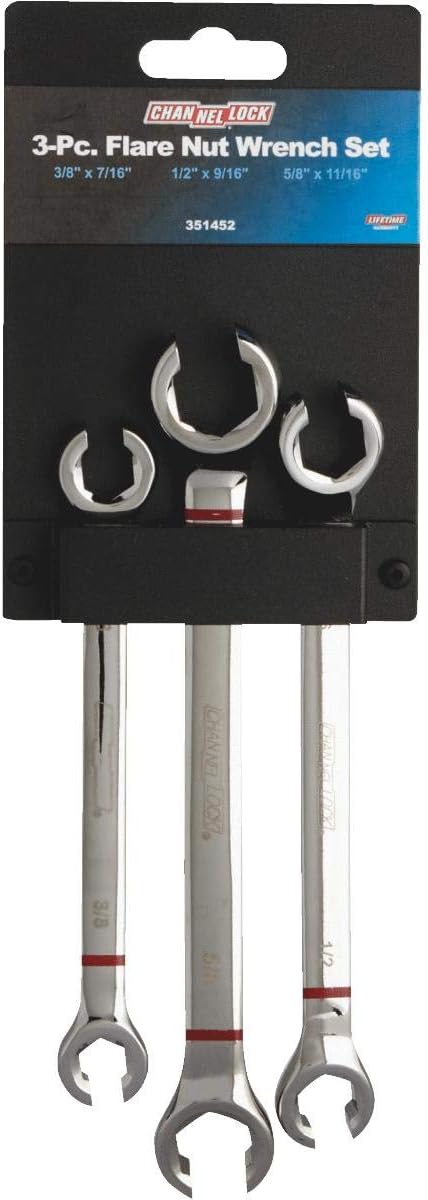 Channellock Flare Nut Wrench Set 351452 - Chrome Vanadium Steel, Polished Finish - 3-Piece