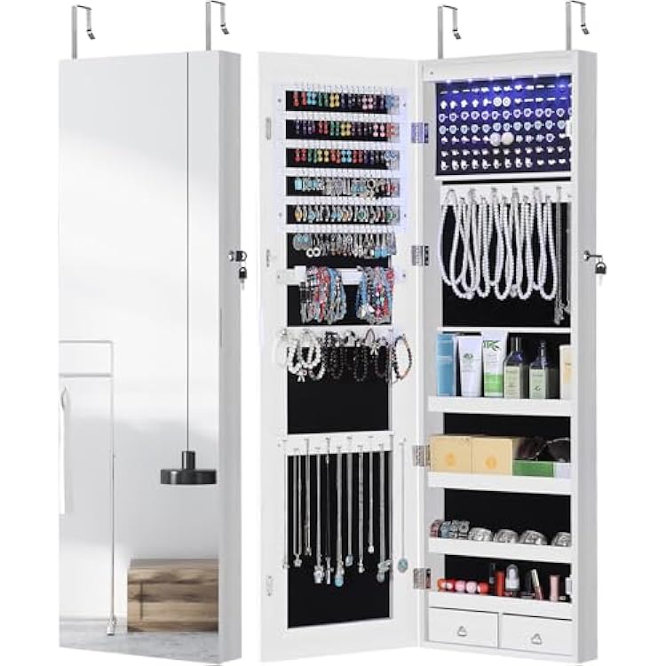 GISSAR Full Length Mirror Jewelry Cabinet, 6 LEDs Jewelry Armoire Wall Mounted Over The Door Hanging, Jewelry Organizer Storage with Lights Lockable, Bright White, 14.6 x 47.2