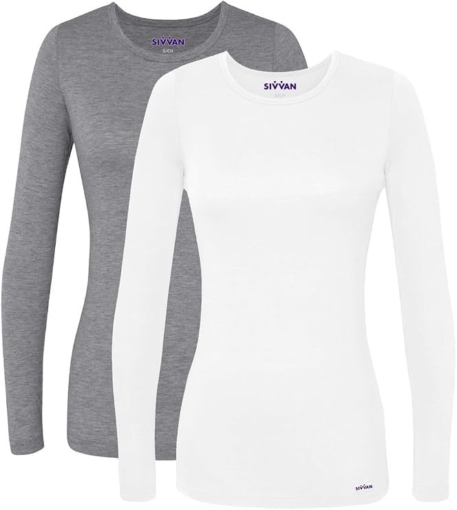 Sivvan Scrubs for Women - Long Sleeve Comfort Underscrub Tee Multicolor 2-Pack - S85002M - Dark Marl Gray/White - XXS