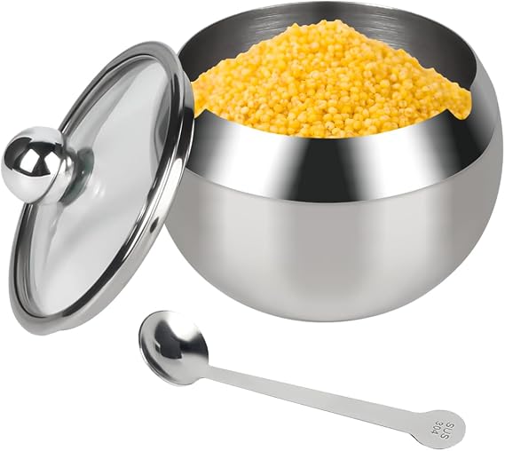 Stainless Stee Sugar Bowl, Sugar Pot with Lid and Spoon, Large Sugar Container for Home Kitchen (500 Milliliter)