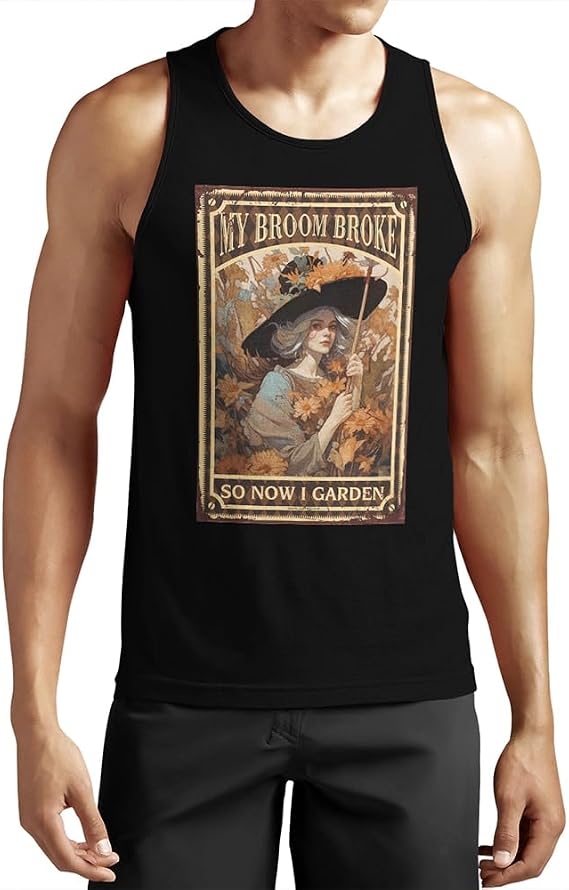 T-Shirts for Men Graphic Funny Witch My Broom Broke So Now I Garden Sleeveless T-Shirt Funny Tees for Men(Medium)