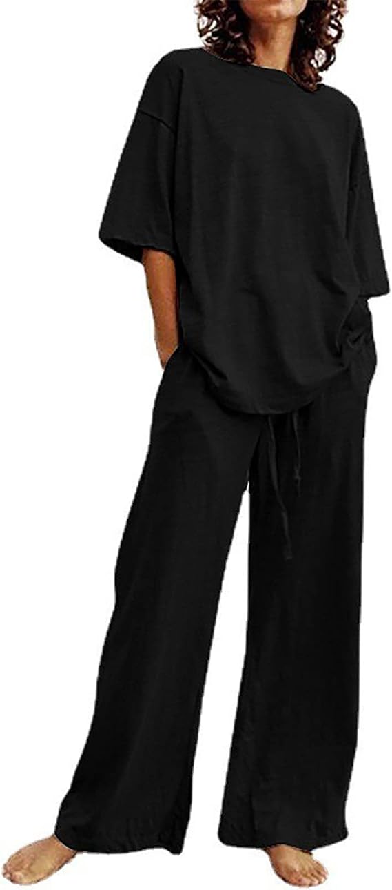 takaeys Womens Two Piece Outfits Summer Short Sleeve Crew Neck Tops Casual Wide Leg Long Pants Loose Linen Lounge Sets
