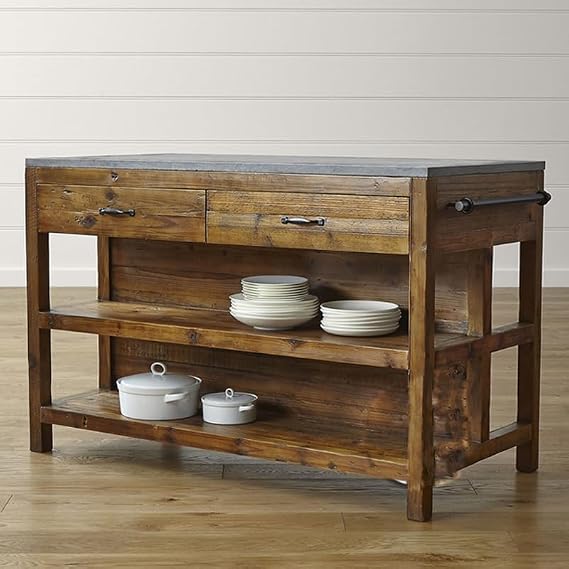 LAKIQ Vintage Wooden Kitchen Island Table with Drawers Stone Tabletop Farmhouse Kitchen Sideboard Buffet Storage with 2-Tier Open Shelf and Towel Rack(Stone Top,71" L x 23.5" W x 33.5" H)