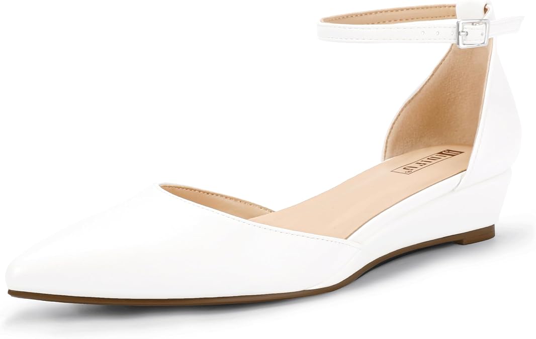 IDIFU Women's Closed Pointed Toe Low Wedge Flats | Adjustable Ankle Strap Dress Shoes for Women Wedding Bridal Work Office Prom Comfortable Dressy Casual Formal Cute Flat