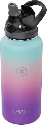 ICEWATER-32 oz Insulated Water Bottle With Straw and Carry Handle, Leakproof Lockable Lid with Soft Silicone Spout, One-hand Operation, Stainless Steel, BPA-Free 32 oz, Purple