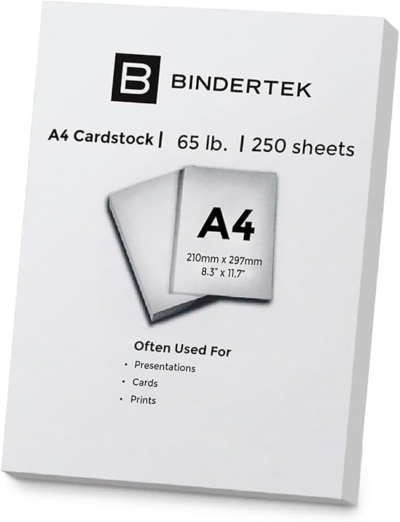65 lb. A4 Size 8.3" x 11.7" Card Stock, Ream of 250 Sheets, by Bindertek