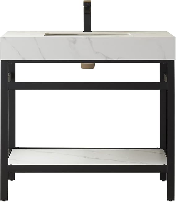 Funes 36" Single Sink Bath Vanity in Matt Black Metal Support with White Sintered Stone Top