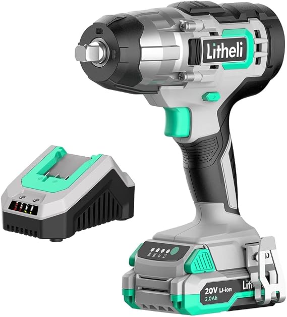 LiTHELi Impact Wrench Cordless, 1/2 inch Power Impact Wrenches Max Torque 320 ft-lbs(430N.m), 20V Impact Gun Kit with 2.0Ah Li-ion Battery & Fast Charger, Electric Impact Gun for Car Tiers