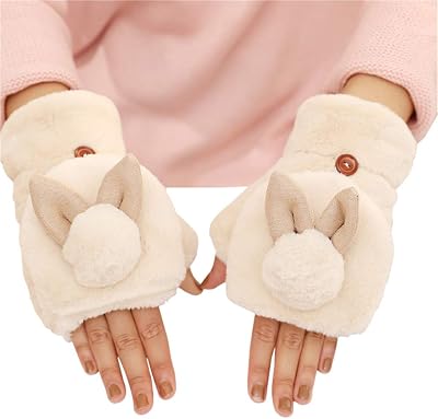 Cartoon Animals Winter Flip Cover Fingerless Gloves Soft Warm Mittens for Women