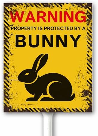 Funny Rabbit Warning Sign Property is Protected by A Bunny Yard Sign With Stake, Rabbit Garden Decor for Bunny Lover, Easter Outdoor Decorations, Sturdy Aluminum Rust Free 20x30 CM