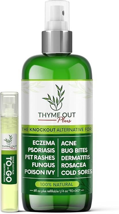 Thyme Out Plus Natural Skin Relief Spray for Eczema, Acne, Bug Bites & Irritated Skin Safe for Babies, Kids & Pets Gentle Non-Toxic Face & Body Mist with Organic Thyme + Oat Support