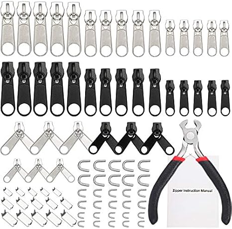TecUnite 85 Pcs Universal Zipper Repair Kit with Sliders Replacement Zipper | Black and Silver Nylon Zippers,  with Install Plier Instruction Manual, Fits Luggage, Jackets, Coats Jeans