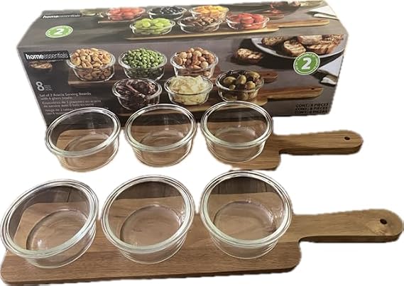 Home Essentials set of 2 Acacia Serving Boards with 6 Glass Bowls
