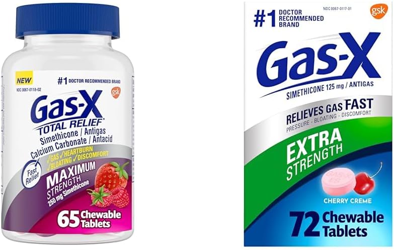 Gas-X Total Relief Chewable Tablets with Maximum Strength Gas Relief & Extra Strength Chewable Gas Relief Tablets with Simethicone 125 mg for Bloating Relief, Cherry - 72 Count