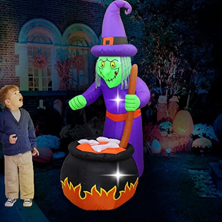 7FT 2.1M Halloween Inflatables Outdoor Decorations Blow Up Witch with Cauldron, Built in LED Lights Blow Up Yard Decorations for HolidayPartyYardGarden