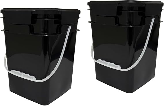 4 Gallon Square Food Grade Plastic Bucket with Lid, Made in USA (Pack of 2) BPA Free (Black)