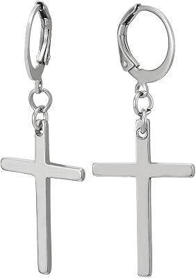 Pair Steel Ear Clip Non-piercing Clip on Earrings with Dangling Cross for Men and Women