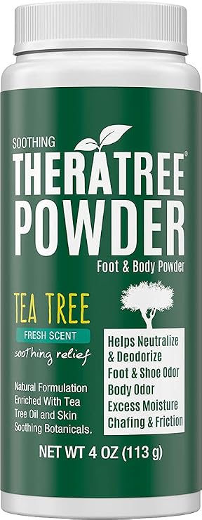 TheraTree Tea Tree Foot Powder, Odor and Sweat, Smelly Feet Deodorizer, 4oz | Oleavine Natural talc-free formula with tea tree, peppermint, and neem deodorizes smelly feet and shoes for men and women