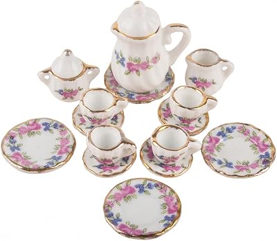 1 Set 15 Pieces 1:12 Ceramics Tea Cup Set Lovely Dollhouse Decoration Set Dollhouse Kitchen Accessories#1