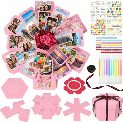Koogel Explosion Gift Box, Pink Explosion Gift Box Set with Scrapbooking Accessories Creative Photo Album Gifts for Anniversary Valentine Wedding