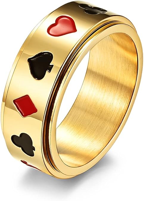 Mens Stainless Steel Lucky Spinner Ring Retro Dice Pattern Wedding Bands 8mm Silver,Gold,Black