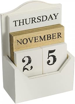 Vintage Wood Block Perpetual Desktop Calendar Rustic Wooden Office Home Desk Decor (White)