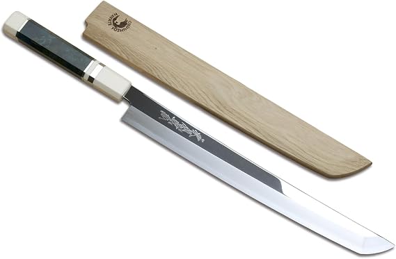 Yoshihiro Ginsan Mirror Polished Stain Resistant Steel Sakimaru Takobiki Knife (11.8"(300mm), Ocean Blue Handle)
