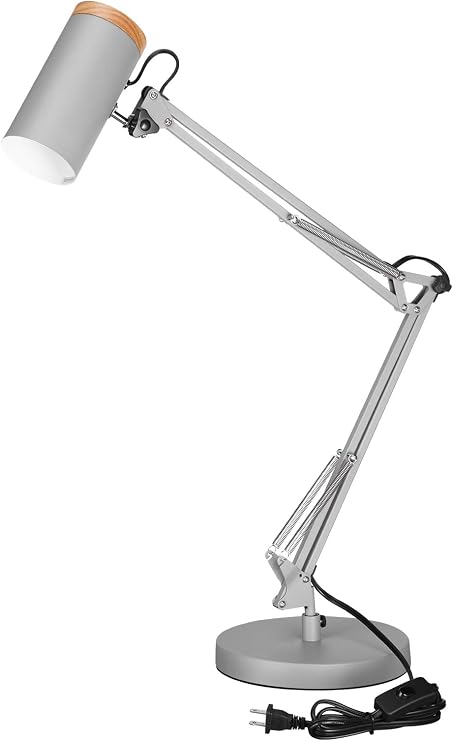 TORCHSTAR Tall Swing Arm Desk Lamp with Wooden Accent, Large Size, Grey | Adjustable Max Height 31", E26 Base Metal Task Lamp, Office Desktop Lamp with On/Off Switch, for Reading, Study, Workbench