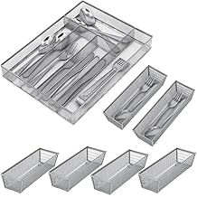 Neudeco Mesh Drawer Organizer,Silverware Drawer Organizer,Metal Cutlery Tray and Utensil Organizer for Flatware,Knives,Spoon, Cosmetic (Silver)