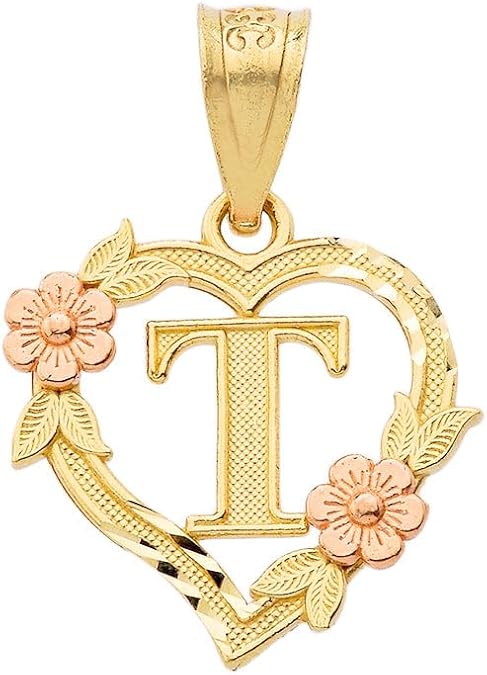 10K Two-Tone Yellow and Rose Gold Initial Alphabet Heart Pendant for Women