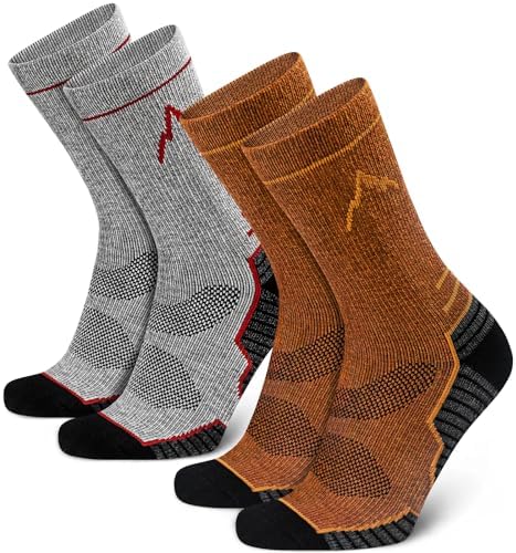 SIXDAYSOX Merino Wool Hiking Socks Men, 2 Pack Mens Crew Cushioned Socks, Warm Winter Socks Size 12-16BrownLight Grey