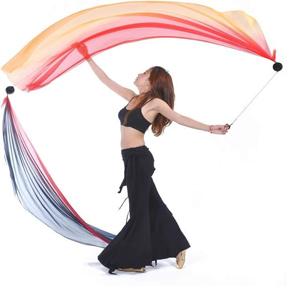 2Pcs Silk Veils Poi Chain Balls Women Belly Dance Poi Streamer Throw Ball Stage Props