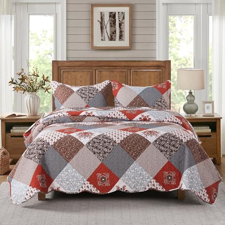 HoneiLife Quilt Set Queen Size - 3 Piece Microfiber Bedspread Reversible Coverlet Patchwork Bedding Set Lightweight Bedcover Floral Bedspreads All Season Quilts-Amaranth Red