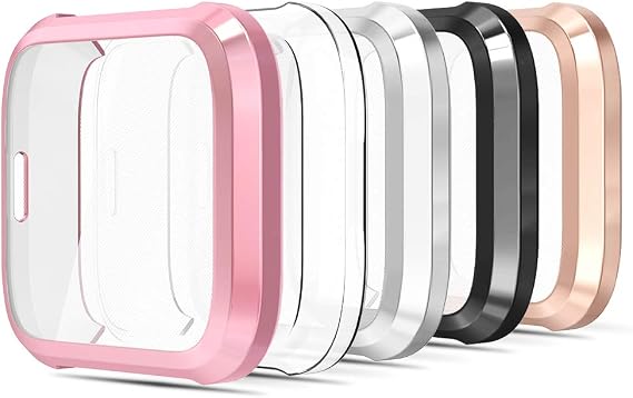 Simpeak Screen Protector Case Compatible with Fitbit Versa Lite Only, Pack of 5, Full Protection, Soft TPU Plated Bumper Cover, Rose Pink/Clear/Silver/Black/Rose Gold